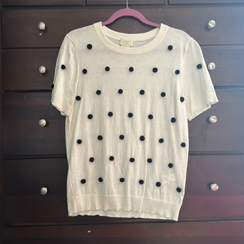 Kate Spade White Short Sleeve Sweater with Black Pom Poms. Large.